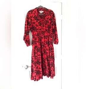 Calvin Klein 100% Cotton Red and Black Floral Long Sleeve Midi Dress